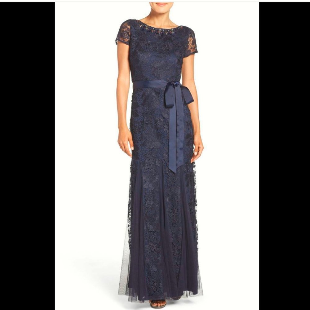Adrianna Papell NEW Jewel Embellished Lace Gown with Mesh Godet Insets Dress🎉HP - Picture 2 of 9